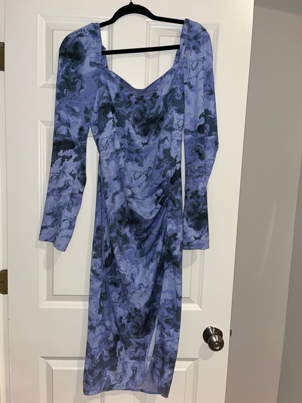 Open Edit Blue Marble Print Long Sleeve Midi Dress